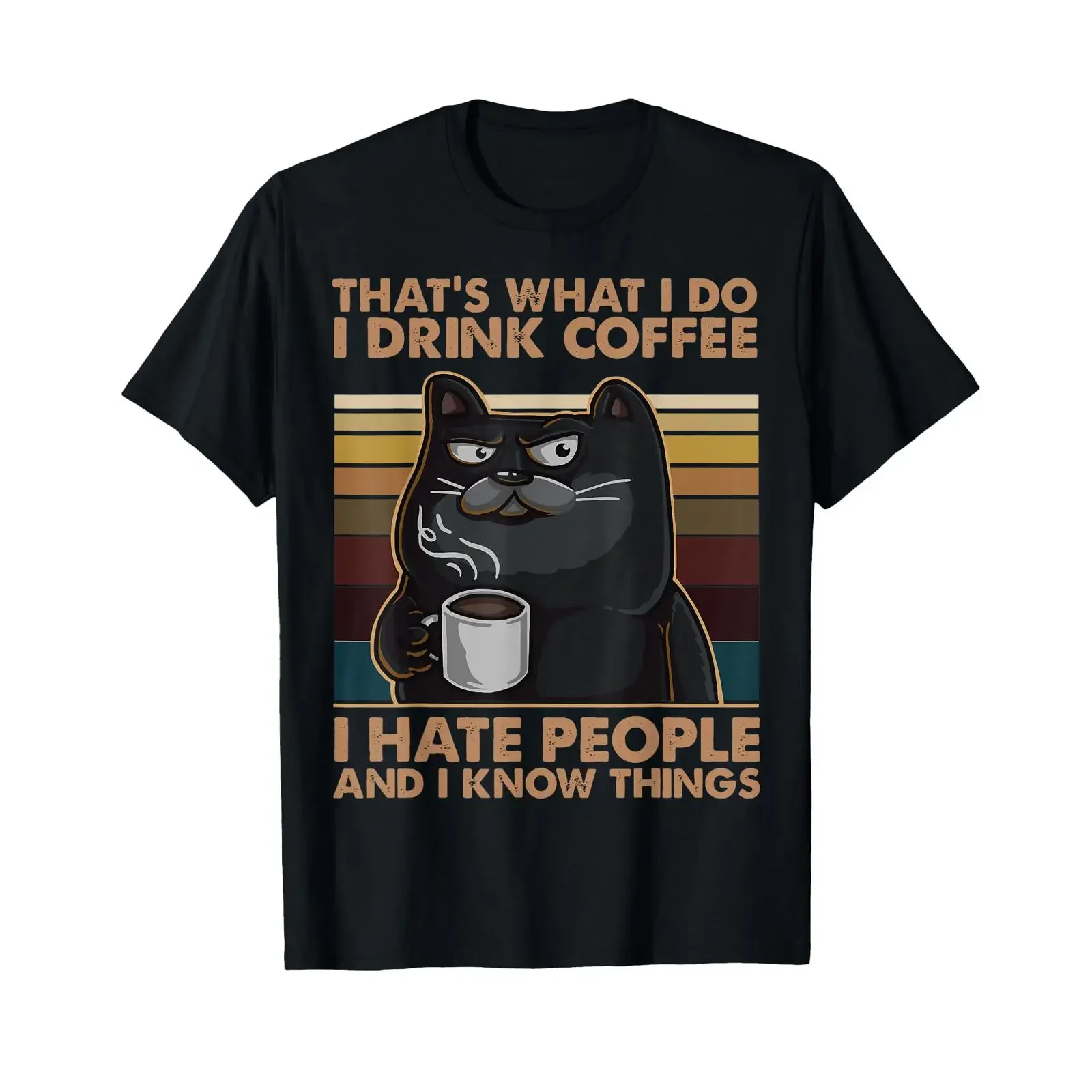Sponsored Ad I Drink Coffee Hate People And Know Things Cat T Shirt vintage Washed Stretched Top For Everyday Wear homme