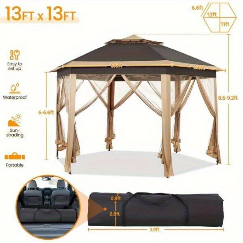 13' x 13' Double Roof Outdoor Patio Gazebo Pop Up Canopy Tent with Mesh Netting