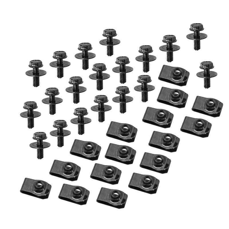 New 25Pcs Body Bolts Fastener & 25Pcs U-nut Clips M6 Engine Cover Undertray Splash Shield Guard for Car Hoods Fenders Universal