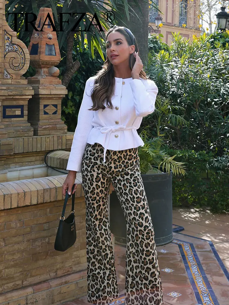 TRAFZA 2024 New Woman Trousers Leopard Print High Waist Zipper Loose Long Pants Casual Chic Elegant Vintage Wide Leg Pant Street