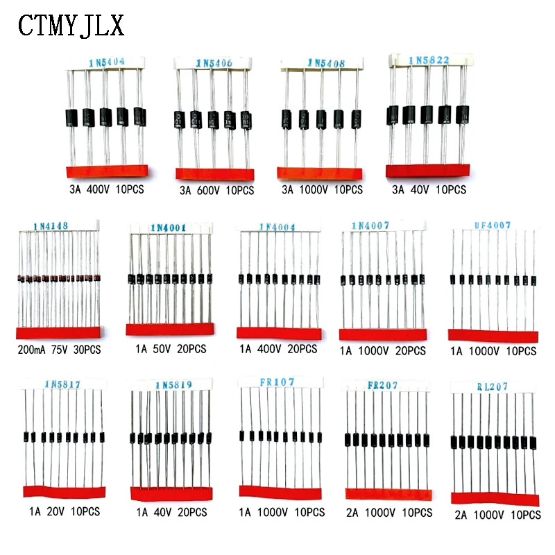 200pcs 1N4148 1N4001 1N4004 1N4007 1N5817 1N5819 RL207 FR207 FR107 UF4007 1N5404 1N5406 1N5408 1N5822 Zener Diode Assorted Kit