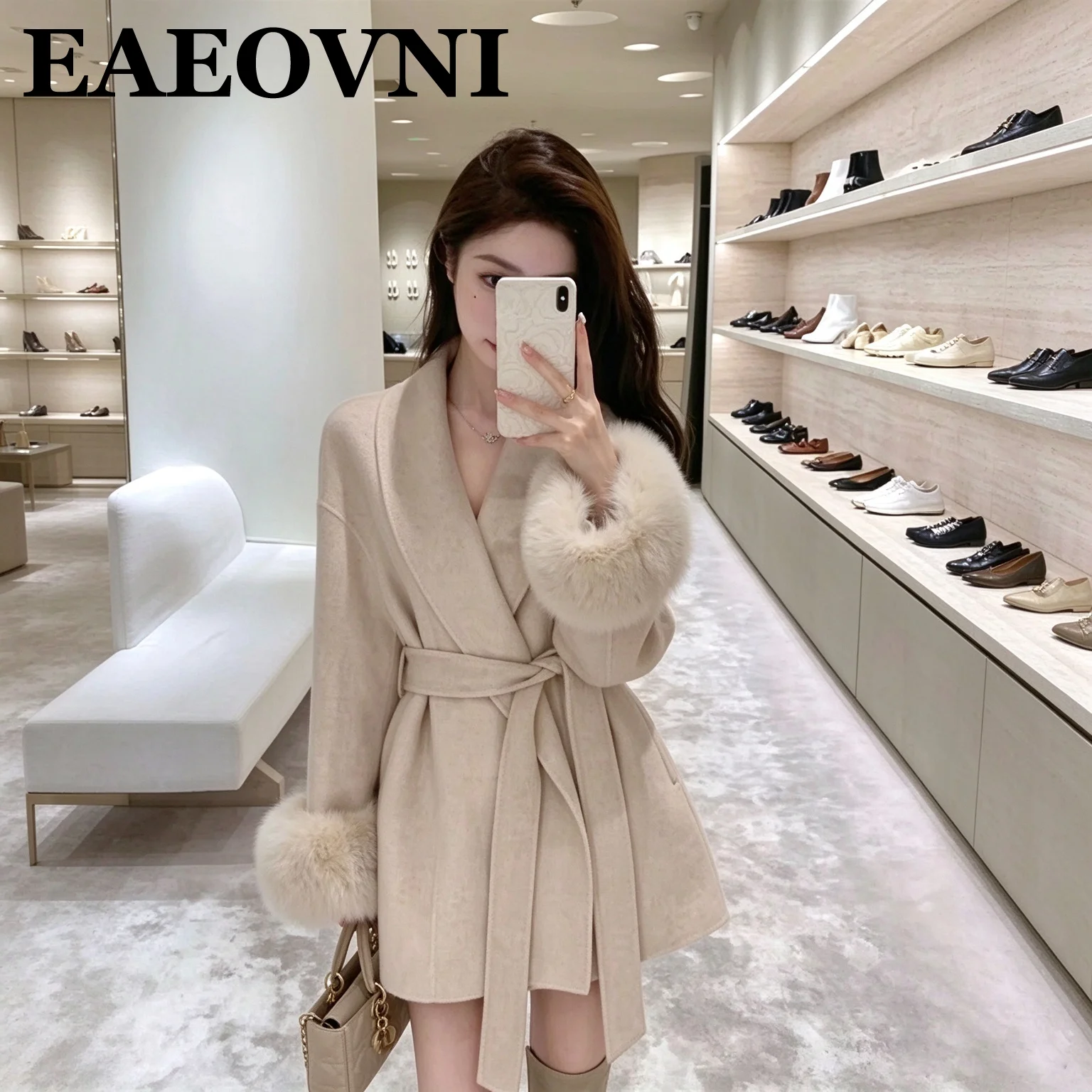 Spring Autumn Daily Women Jacket Spliced Furry Sleeve Coat Adjustable Waistband Loose Long Sleeve Trendy Fashion Outerwear