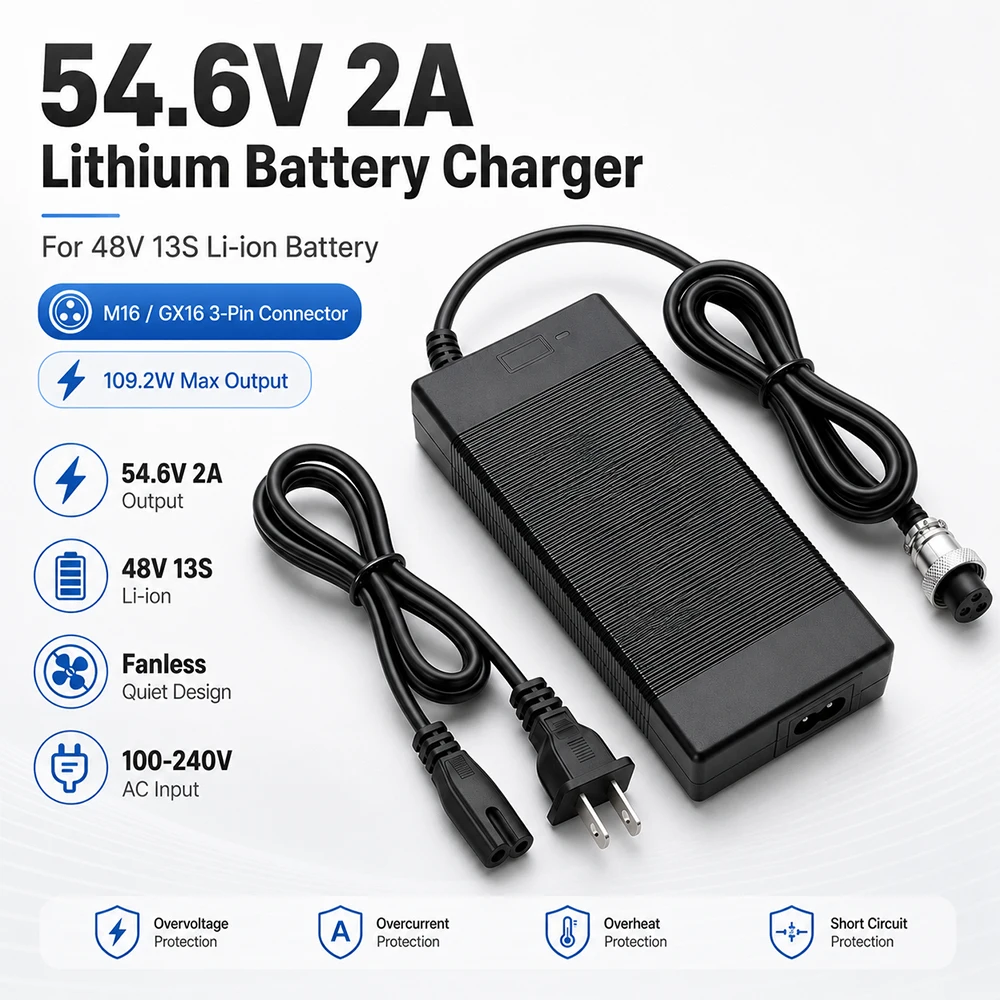 54.6V 2A 3-Prong Charger for 48V Li-ion Battery Evercross H5 Vsett 8 8+ 9+ Kaabo Mantis 8 8 Pro Zero 8 9 Electric Scooter