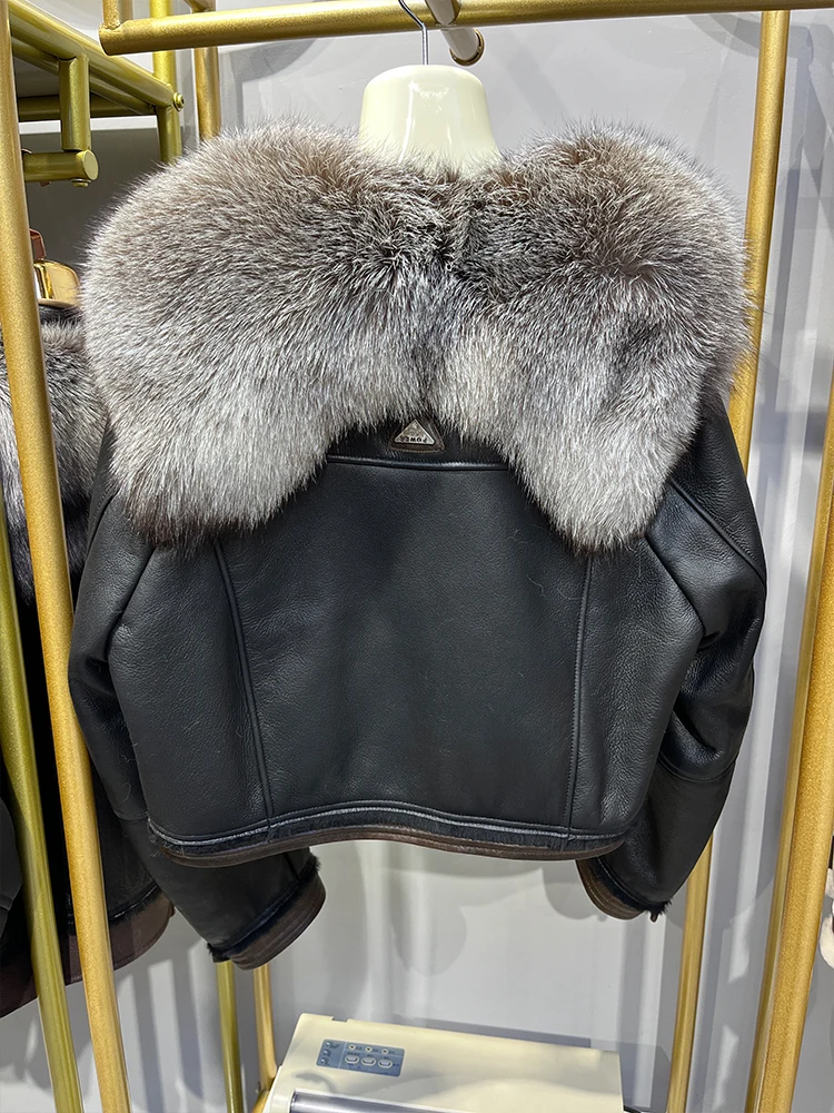 2024 Winter Women Coat Real Natural Merino Sheep Fur Genuine Leather Jacket Fox Fur Collar Thick Warm Luxury Female Coats