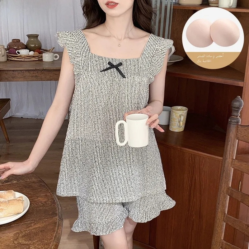 

Летняя тонкая плиссированная ткань, женская одежда с подкладкой на грудь, милая домашняя одежда Sp Dr Sweet Cute Sle ort Sve