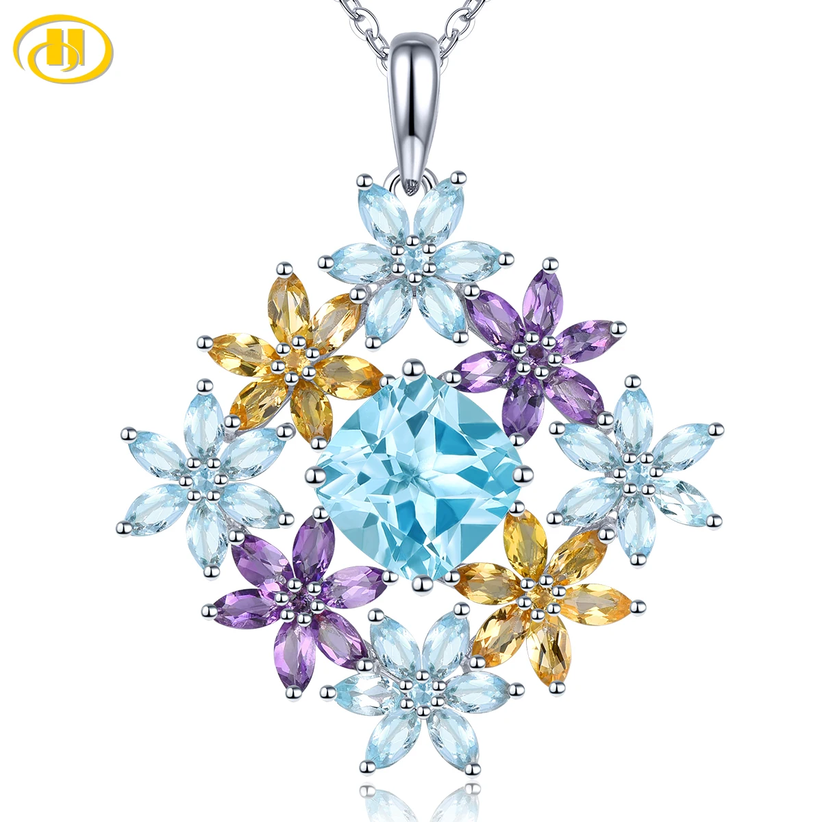 

Natural Blue Topaz Solid Sterling Silver Pendant Genuine Multicilor Amethyst Citrine Romantic Elegant Women's Best Gifts
