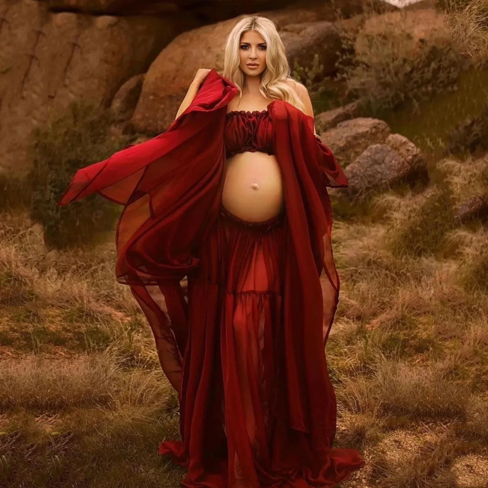 Vestido de maternidad de gasa para sesión de fotos, vestido largo semitransparente con volantes y hombros descubiertos para embarazo, vestido de fotografía para mujer