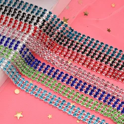 Cadenas de diamantes de imitación para coser, cadena de cristal de 3 filas, con pegamento para coser, garra para ropa, zapatos, accesorios de cadena DIY, 10 yardas