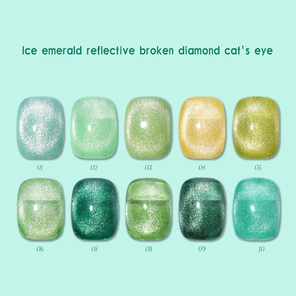 Vendeeni 10 Colors Green Ice Emerald  Broken Diamond Cat Eye Gel Nail Polish UV LED Reflective Magnet Manicure Nail Varnish 15ml