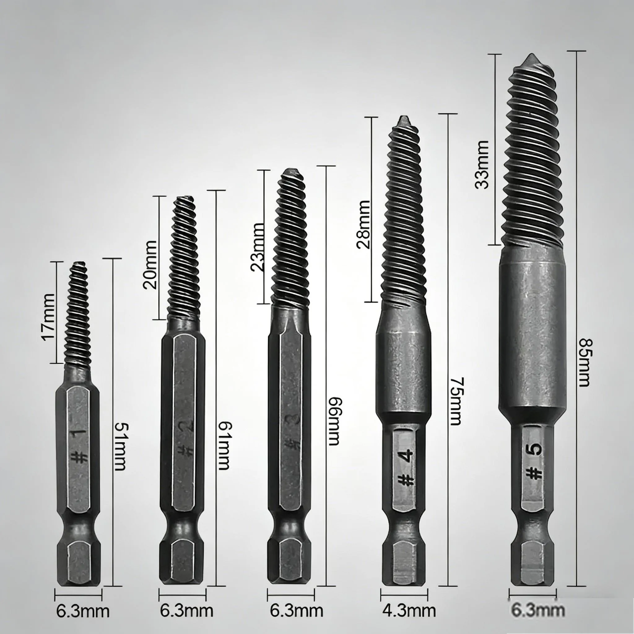 5pcs Screw Extractor Bolt Remover Set Center Drill Bits Guide Broken Damaged Screw Hex Shank Spanner For Repair Hand Tool
