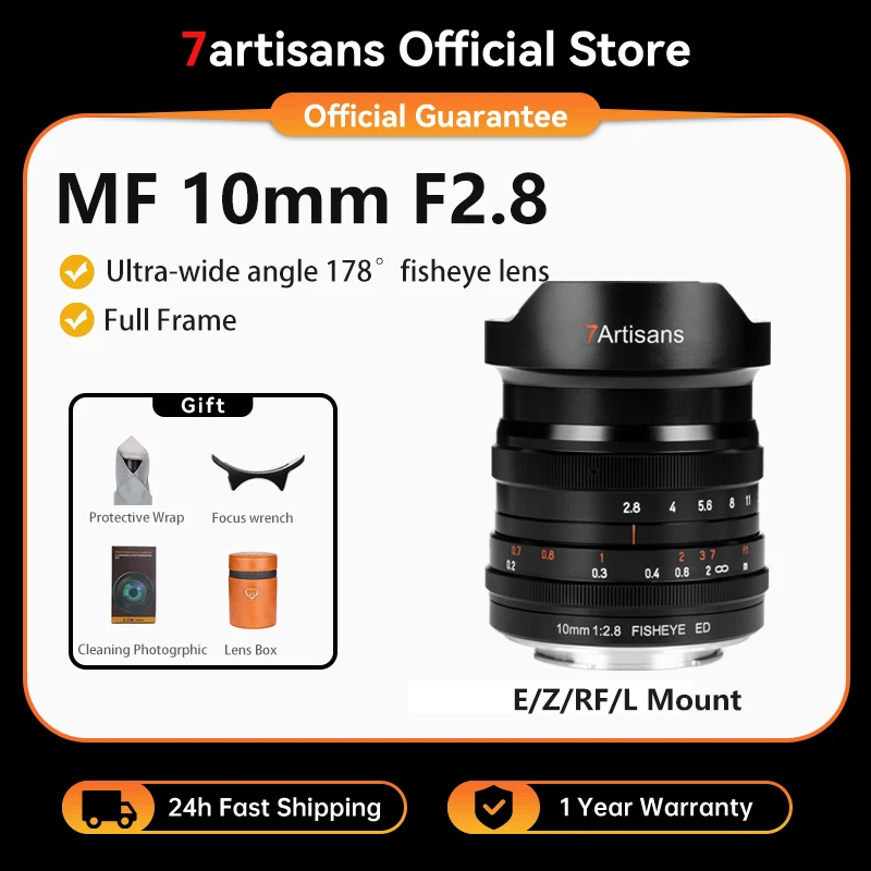 7Artisans Lente de fotograma completo ojo de pez gran angular F2.8 de 10 mm para Sony E A7S A7R A7RII A7S A7SII A9 Canon RF EOS R5/EOS R6 Nikon Z Z7II/Z6II/Z5/Z6/Z7 Fuji FX X-S10 X-T100 Panasonic Sigma L Leica L S1/S1R