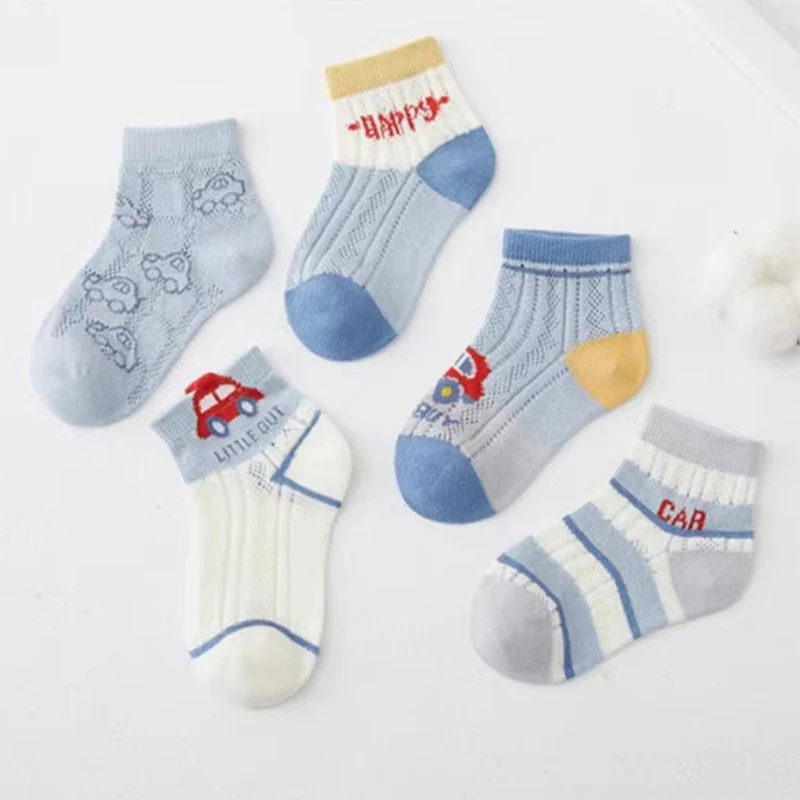 5 pairs of boys' socks children's summer model boys solid color simple mesh summer medium long tube