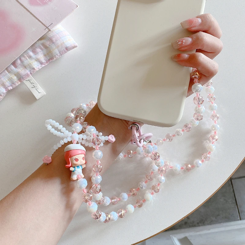 New POP BEAN Beaded Necklace Phone Lanyard Cute Handmade DIY Straps Accessories For iPhone 13Mini Samsung Cases With Slip Card