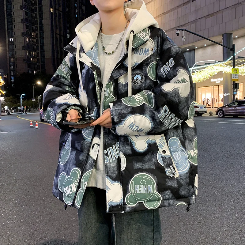 

Men's Winter Cotton Jaet Thiened Printed Warmth Youth Faion High School Junior High Large Children's Cotton Coat