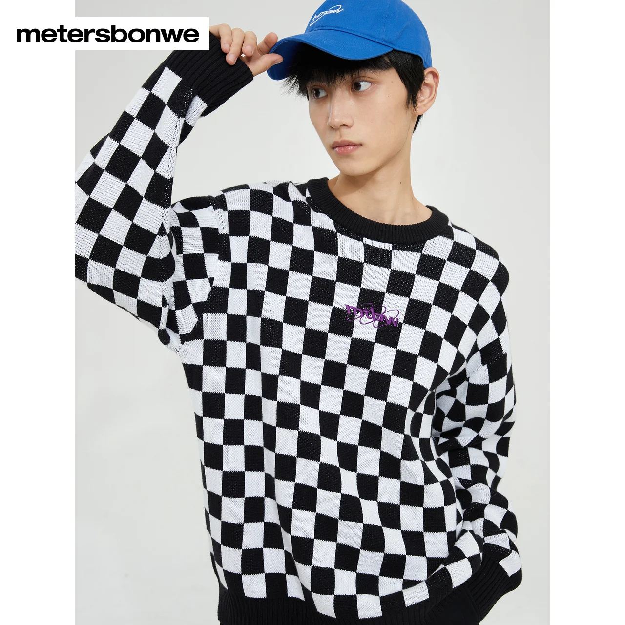 Metersbonwe-Men's Soft Loose Sweater Jumper Popular Checkerboard Elements Front Embroidered Pullover Trendy Versatile Winter