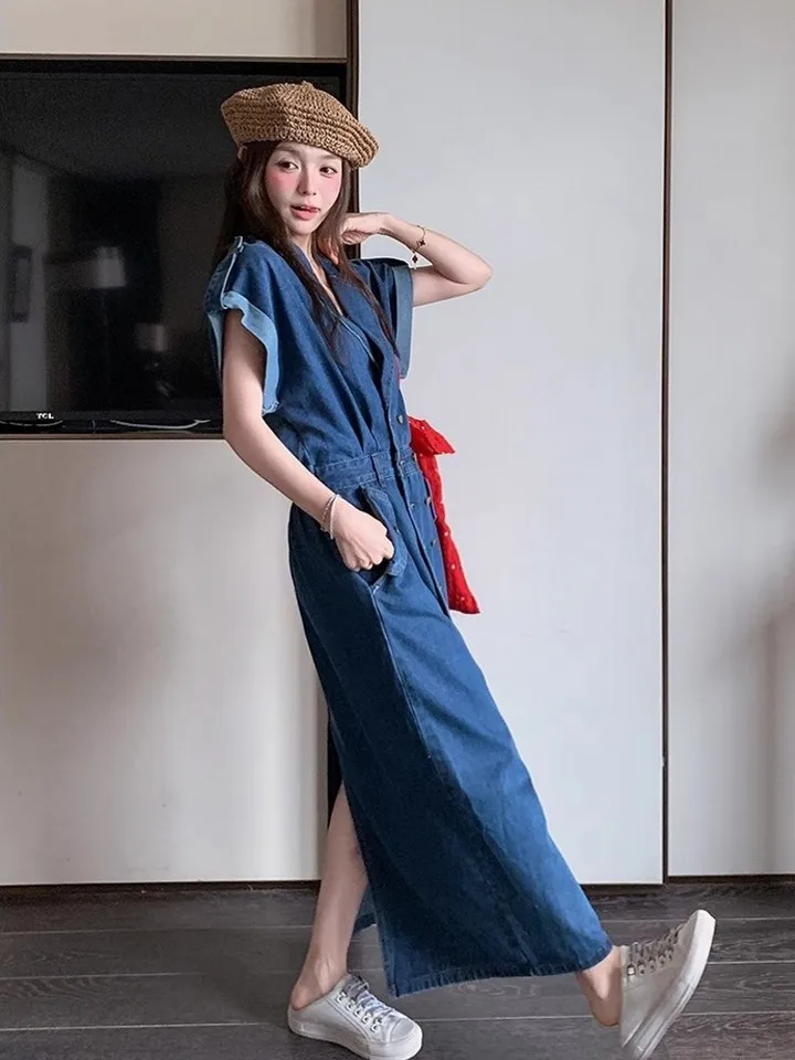 korean simple denim dress Korean Fashion Short Sleeve Denim Dress Jeans Women Midi Dress