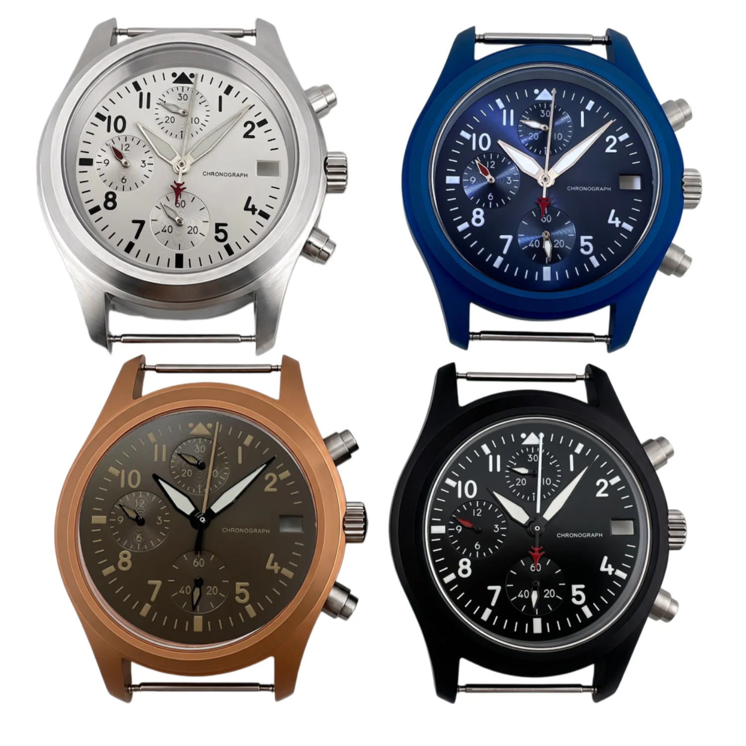 BLIGER 38mm Dive Brushed Pilot Chronograph Watch Case Parts Dome Sapphire Glass 30mm Dial Hands Set Fits VK67 Quartz Movement