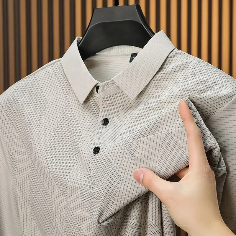 Summer Ice Silk Lapel Short-sleeved T-shirt for Father's Day Men's High-end Sense of Iron-free Middle-aged Half-sleeved Polo