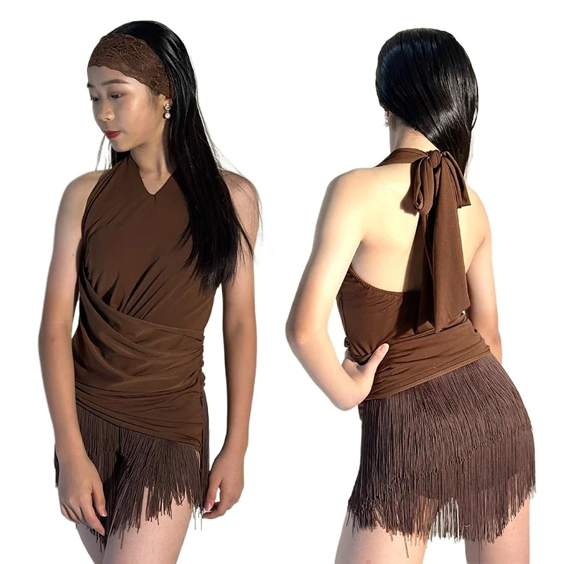 2026 New Sexy Latin Dance Dress Brown Fringe Sleeveless Practice Dress Adult Women Cha Cha Rumba Samba Dance Costume