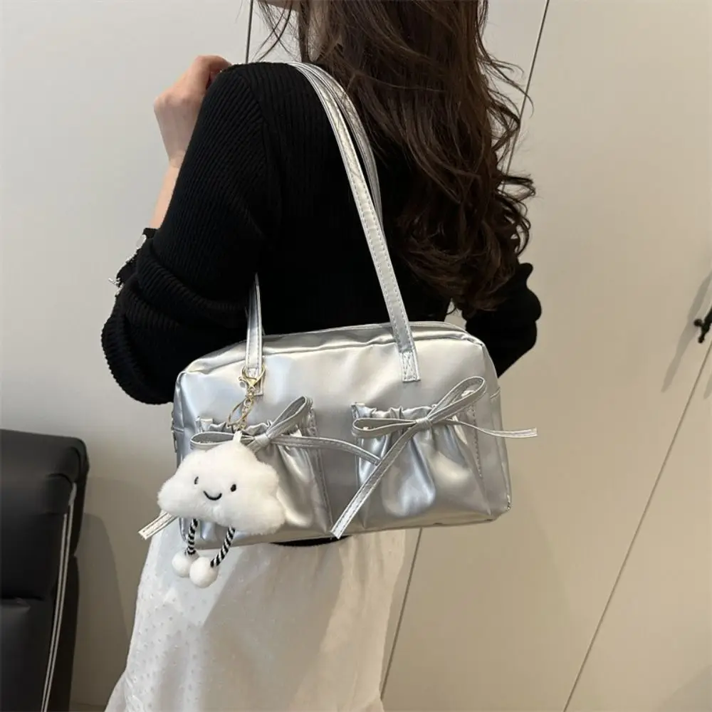 

Vintage French Style Bow Bowling Bag Elegant Large Capacity Boston Shoulder Bag PU Leather Casual Women Handbags Armpit Bag