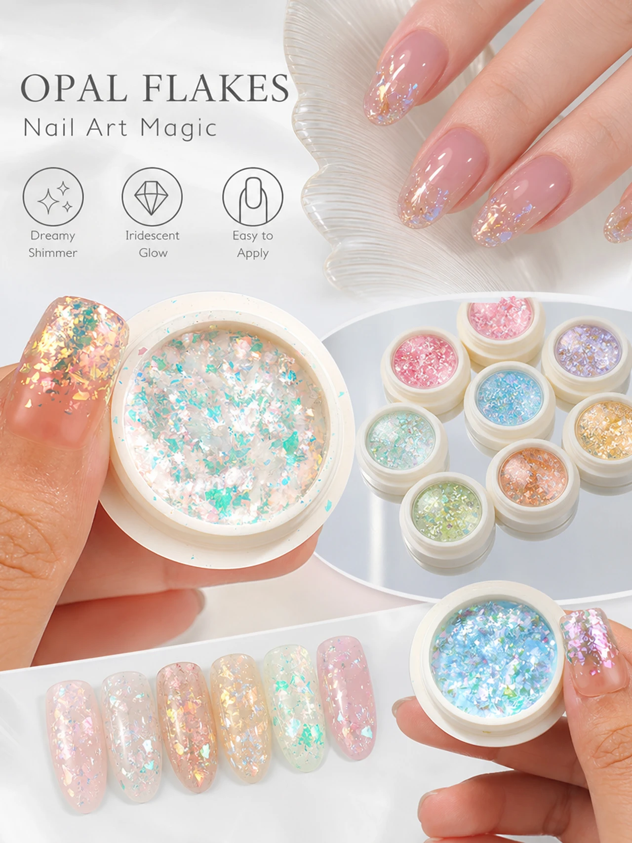 1 PCS Luxury Opal Powder And Powder Brush Stick Nail Decoration Set Colorful Holographic Glitter Flakes Ultra-Thin High Gloss Au