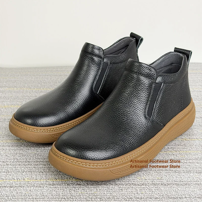 Black Leather Men's Shoes Winter Mid-Top Cowhide Thick-Soled Soft Leather Soft-Soled Men's Boots Trendy Slip On Men Shoes