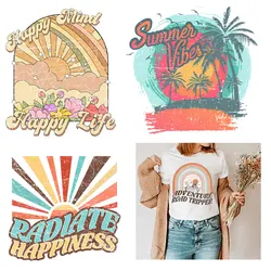 Happy Life Iron-On Patches for Clothing Transfer Thermoadhesive Patches Stickers on Men's Clothes Summer Vibes T-Shirt Appliques