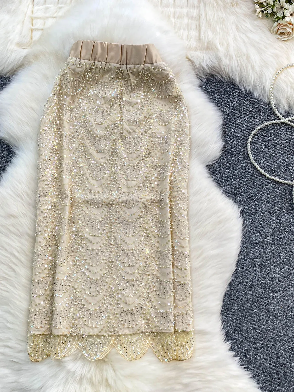 

Юбка Ele с вышивкой бисером и пайетками Heavy Work Me, средней длины, осень-зима, роскошная женская классическая юбка трапециевидной формы