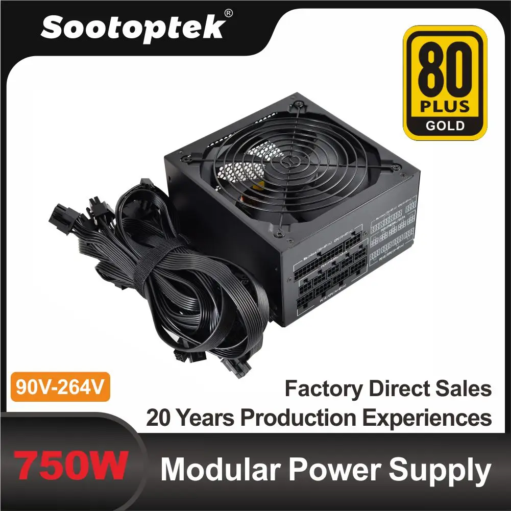 Atx moduler psu 750w 80 plus ouro 90v-264v venda quente i/o comutação fonte de alimentação do pc apfc oem de tensão completa