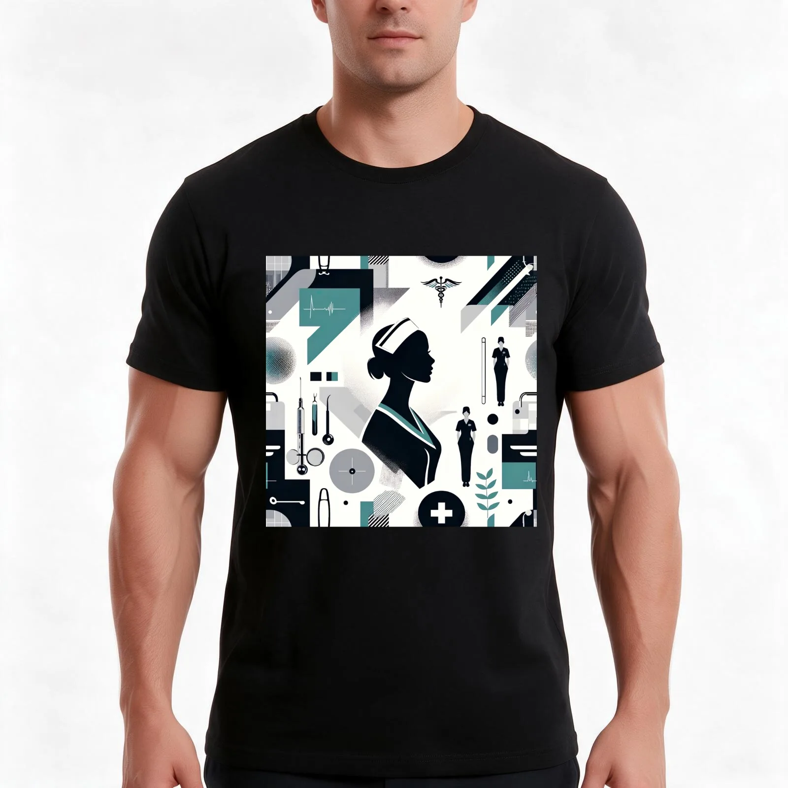 Silhouette of Service: Nurse in Profile T-Shirt, Summer Casual Cotton Tee, Oversized Streetwear Tops, Vintage Graphic Print