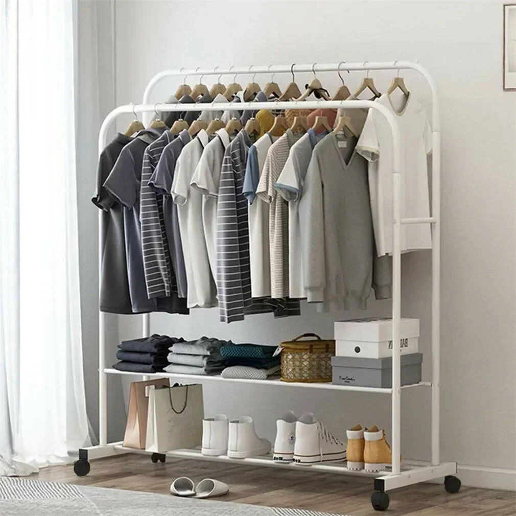 

%A Heavy Metal Double Clothes Rail Hanging Rack Garment Display Stand Storage Shelf Rolling Closet Organizer