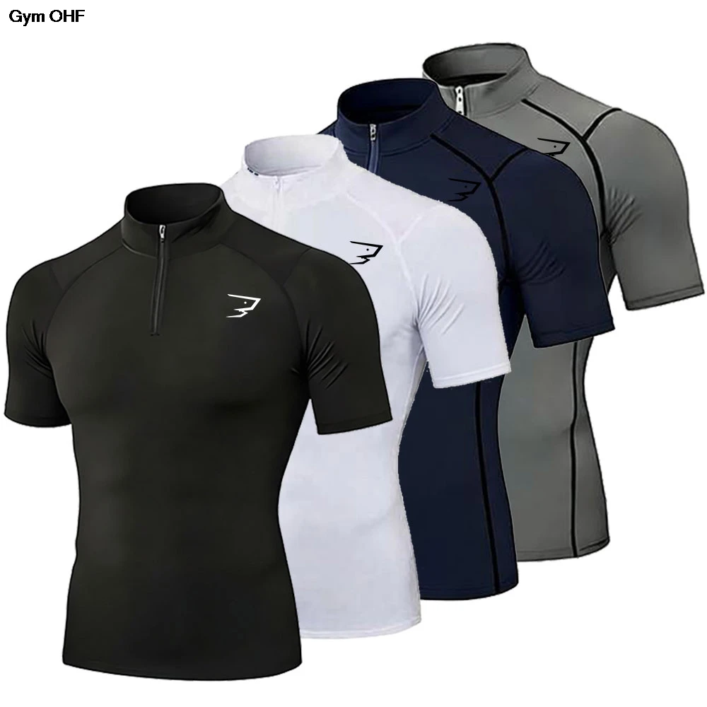 Stand Collar Men Shirt Running Compression T-Shirt Short Sleeve Sport Tops Gym Fitness Sweatshirt Tees Male Jogging Homme
