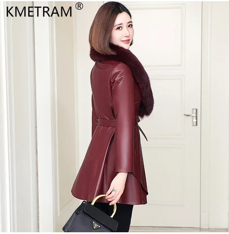 Echte Schapenvacht Lederen Trenchcoat Voor Vrouwen 2023 Winter Herfst Elegant Echt Leren Jas Warm Donzen Vossenbont Kraag