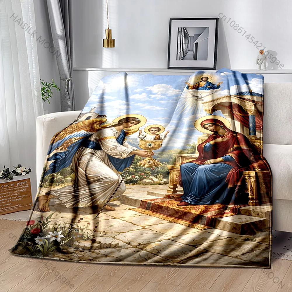 Virgin and angel chalice scene Print Blanket Warm Soft Fluffy Kids and Adult Sofa Bed Throw Blanket Outdoor Travel Camping RV