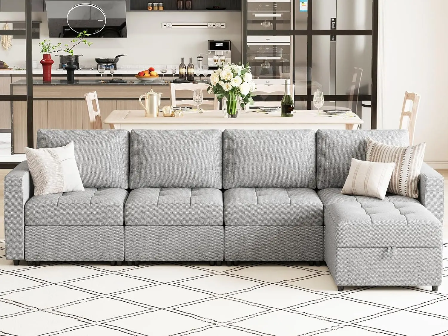 

Modular Sectional Sofa Couch with Ottomans Fabric Convertible Seater with Reversible Chaise and Storage Drawers Light Grey