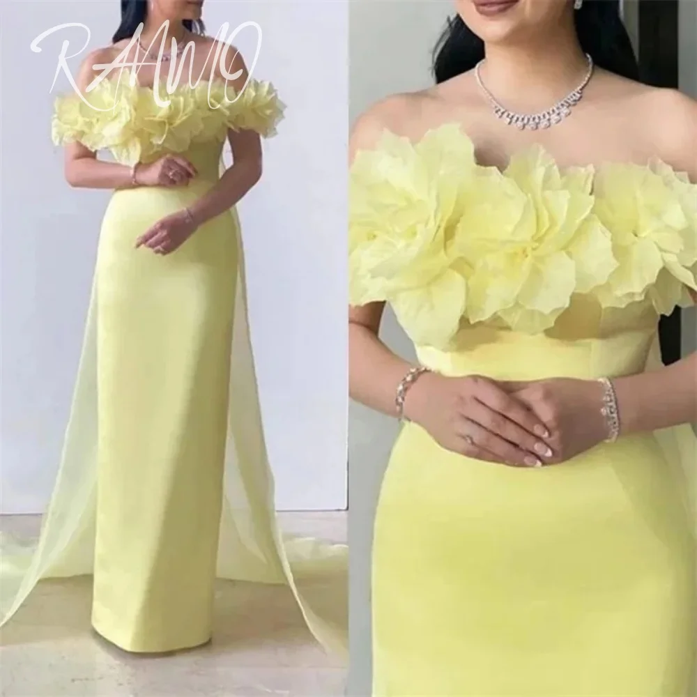 

Ranmo 2025 Elegant Light Yellow Off Shoulder Prom Dresses Sheath Flower Neck Evening Dress Satin Ankle-Length vestidos de fiesta