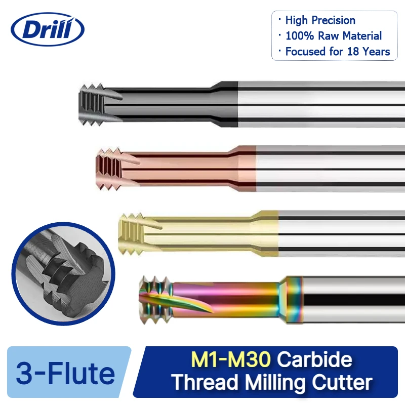 AITiN+ZrN Coated Carbide Threading Cutter – M1-M30, 3-Tooth End Mill Type. Designed for Stainless & Above