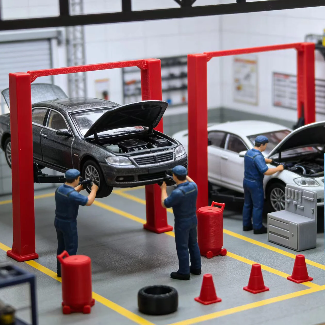 Miniatur-Autoreparaturwerkstatt-Ausrüstungsmodell, 1:64 Maßstab Realistische Auto-Modell-Szenen-Dekoration Zubehör – Detail 3