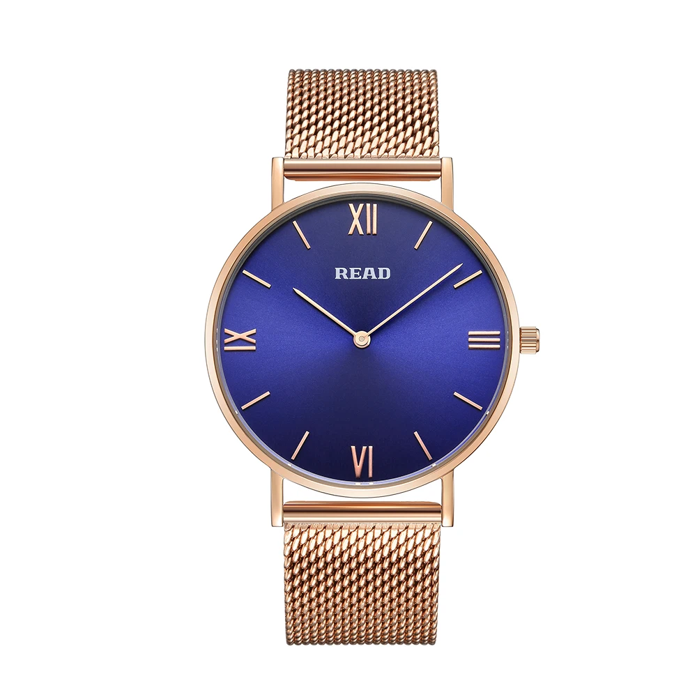 READ Minimalist Quartz Watch | Rose Gold Mesh Strap | Blue Roman Dial | High Hardness Glass | 3ATM Waterproof