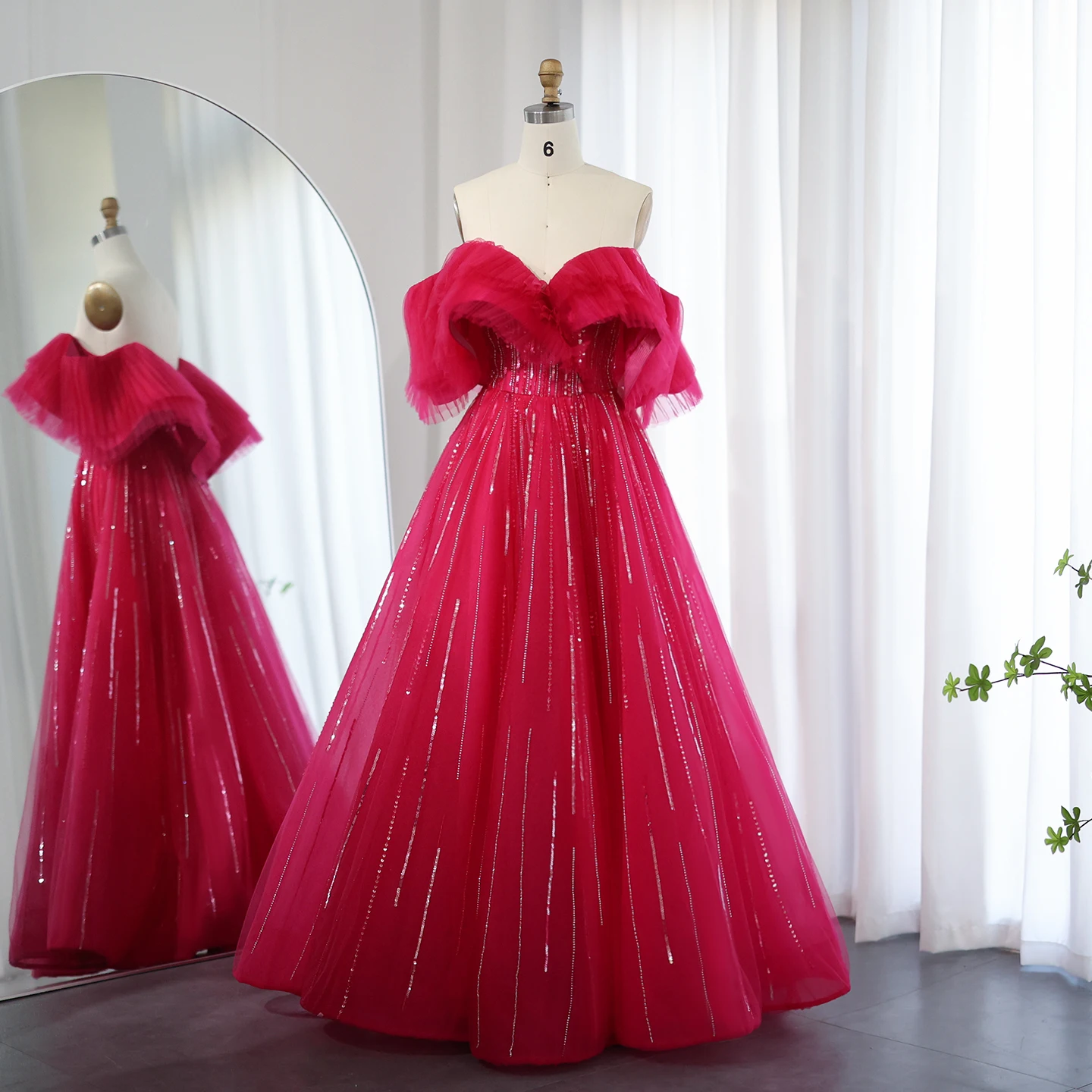Sharon Said Luxury Dubai Ball Gown Fuchsia Evening Dress for Women Wedding Off Shoulder Celebrity Party Gown SS390 Customized