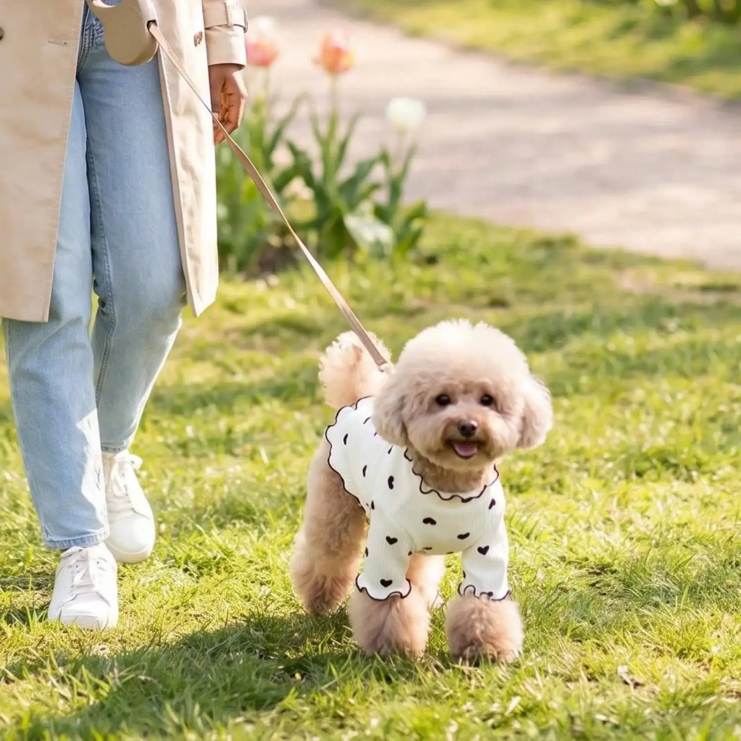 Geripptes Haustier-T-Shirt mit Herz- und Schleifendruck und Rüschenbesatz für kleine Hunde und Katzen – Detail 12