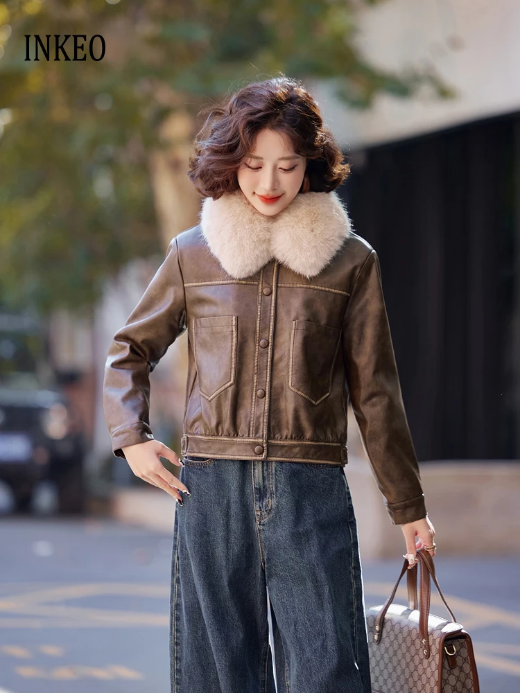 سترة كلاسيكية من الجلد الصناعي مع ياقة من الفرو سترة نسائية دافئة لخريف وشتاء 2026 سترة قصيرة للدراجات النارية معطف فاخر INKEO 5D132