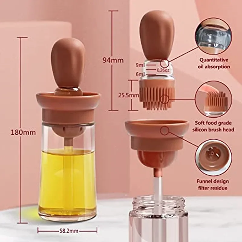 Kitchen Oil Bottle with Brush Silicone Glass Oil Container with Brush Barbecue Spray Bottle Oil Dispenser Cooking Kitchen Tools