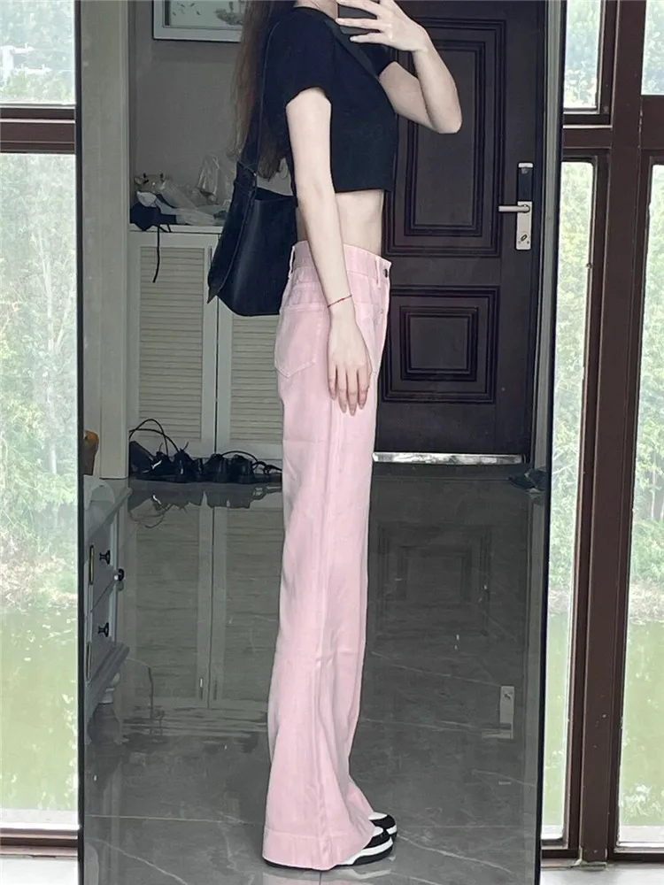 High Waist Slightly Raglan Jeans Women's Autumn New Little Man Design Sense Straight Tube Wide Leg Flare Pants High Street Ins