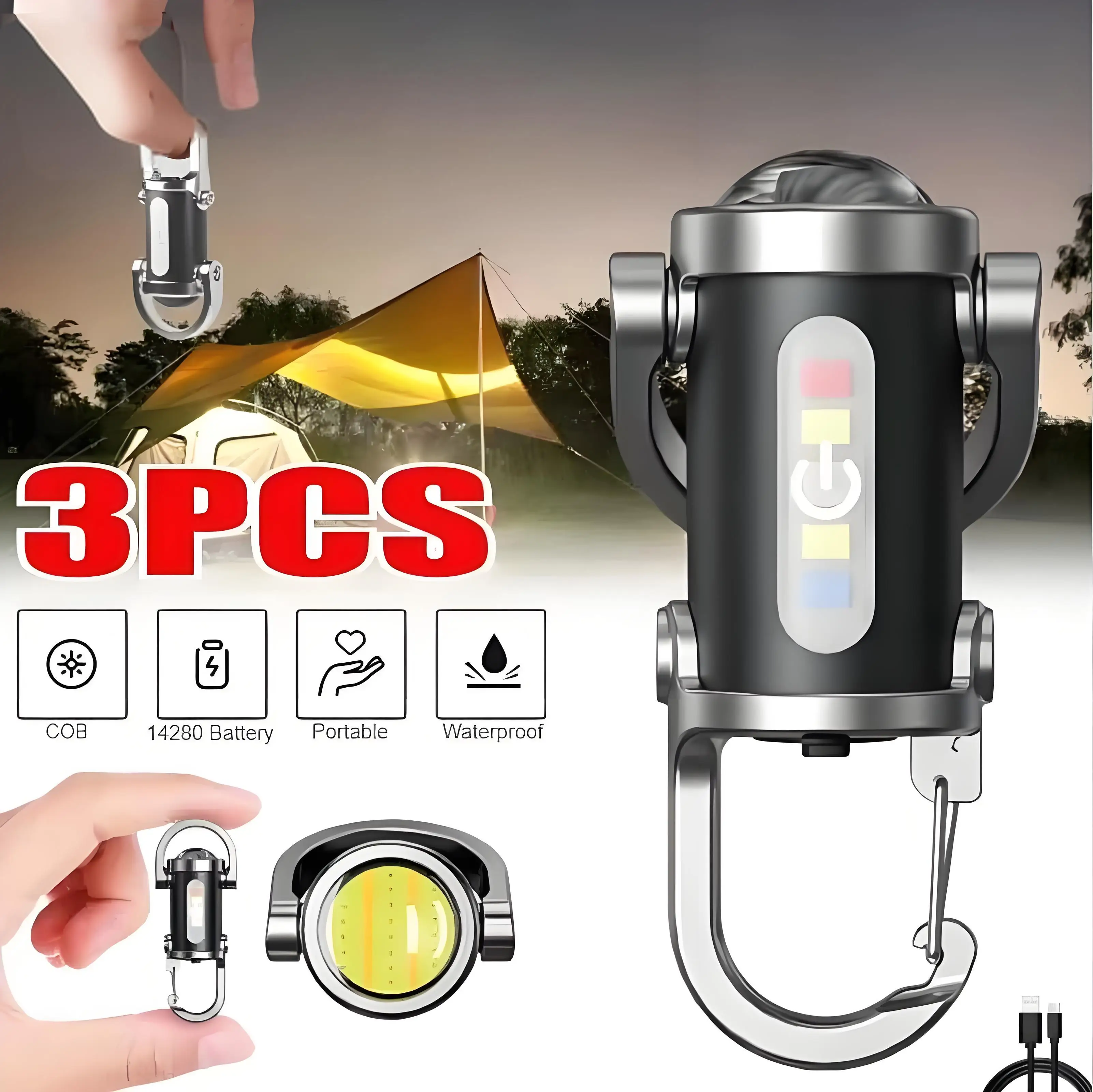 New Powerful LED Flashlight Keychain USB Rechargeable Hanging Portable Flashlight Waterproof Keyring Camp Walk Pocket Lamp﻿