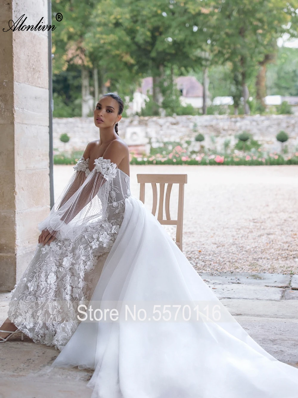 Alonlivn Delicate 3D Flowers Mermaid Wedding Dresses Decorated With Oversized Exclusive Floral Lace Trumpet Bridal Gowns