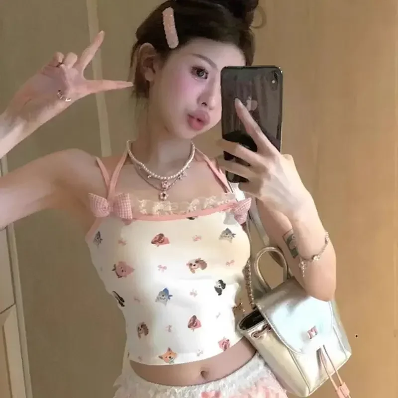 قطع علوية قصيرة ملابس نسائية دبابات حلوة 2025 Ropa Mujer تونك بدون أكمام صيفي كاميس بفيونكة مرقعة دانتيل طباعة سترة Y2k مثيرة لطيفة