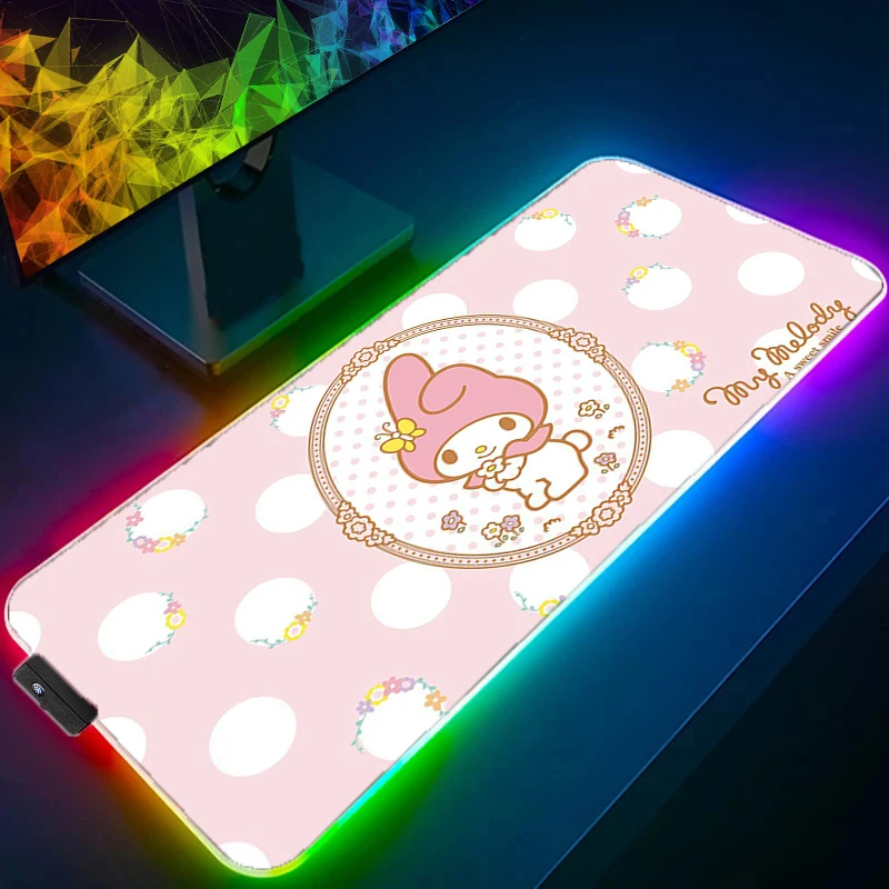 RGB LED Mouse Pad My Melody Anime Pad Mouse Mat Computer Gamer Accessories Mouse Keyboard Deskpad Waterproof Girl Style Kawaii