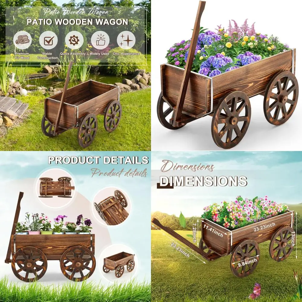 

Brown Wooden Wagon Planter with Wheels for Garden, Balcony, Patio - Ideal for Flowers, Herbs, and Vegetables Indoor or Outdoor D