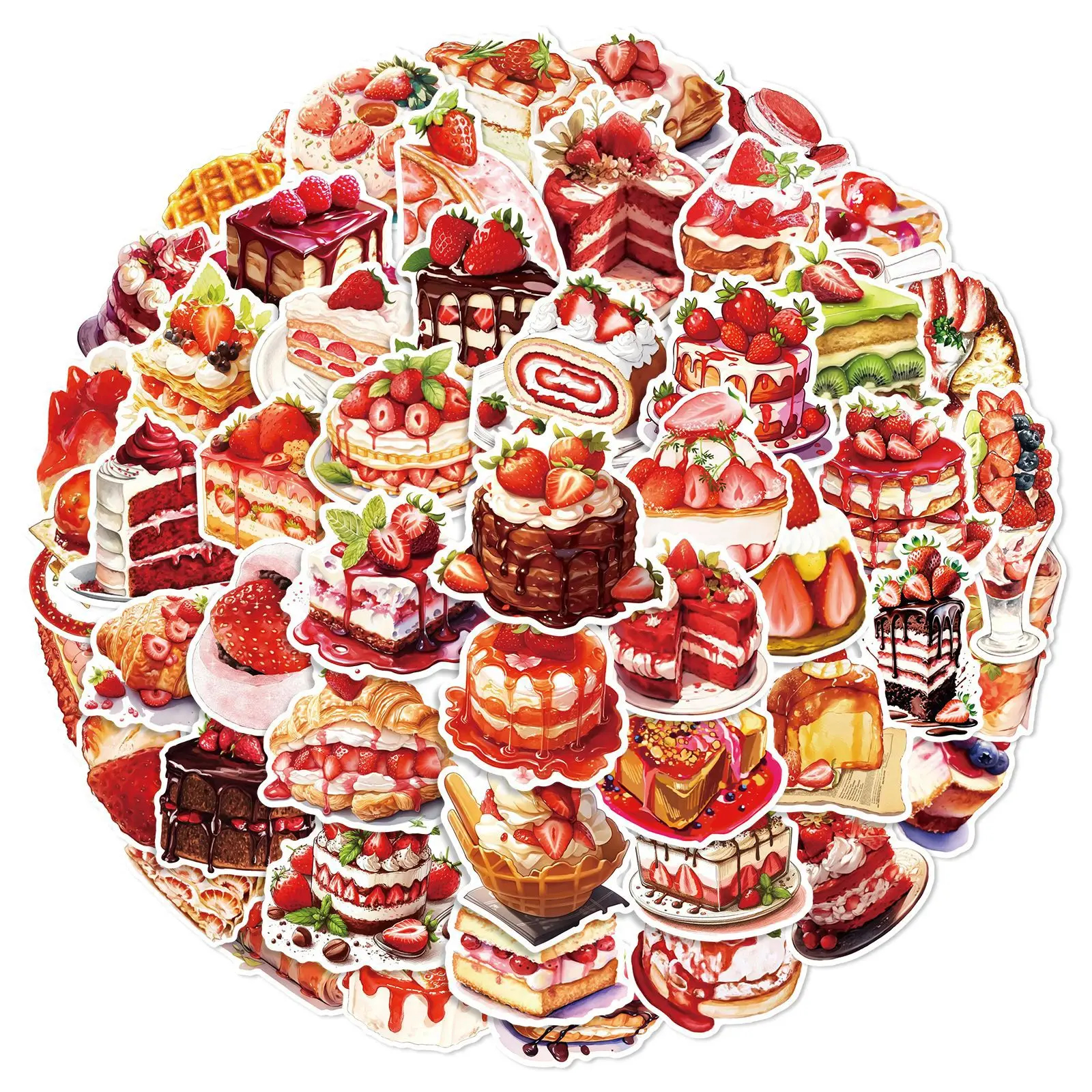 50Pcs Strawberry Cake Dessert Graffiti Stickers Waterproof Decals for Water Bottle Lunch Box Fridge Laptop Scrapbook